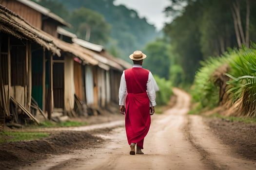 a man in a red dress walks down a dirt road. AI-Generated photo