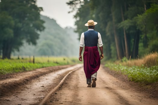 a man in a hat and vest walking down a dirt road. AI-Generated photo