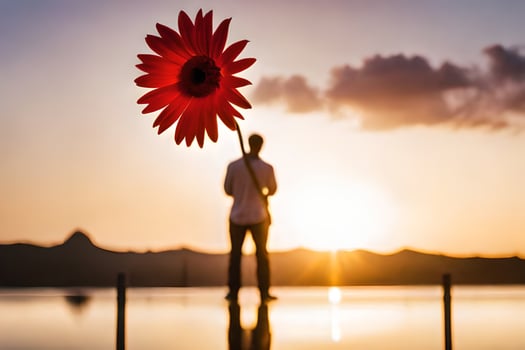 a man holding a red flower in front of the sunset. AI-Generated photo