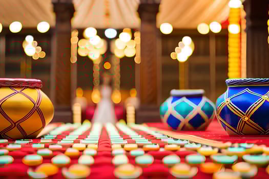 colorful vases sit on a red tablecloth. AI-Generated photo