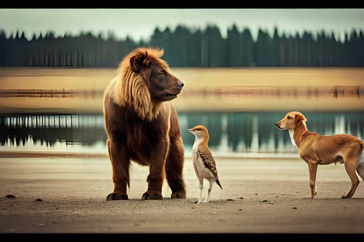 a lion and two birds standing on the beach. AI-Generated photo