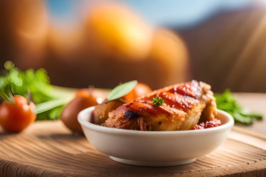 a chicken breast in a bowl with tomatoes and herbs. AI-Generated photo
