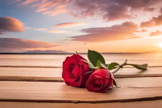 two red roses on a wooden table with a sunset in the background. AI-Generated photo