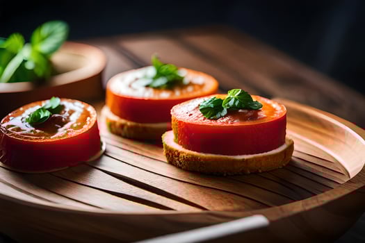 three slices of tomato on a wooden plate. AI-Generated photo