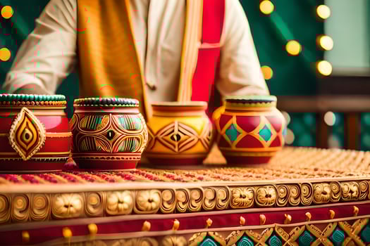 a man in a traditional indian outfit is preparing some pots. AI-Generated photo