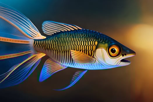 a fish with a blue and yellow body and a black tail. AI-Generated photo