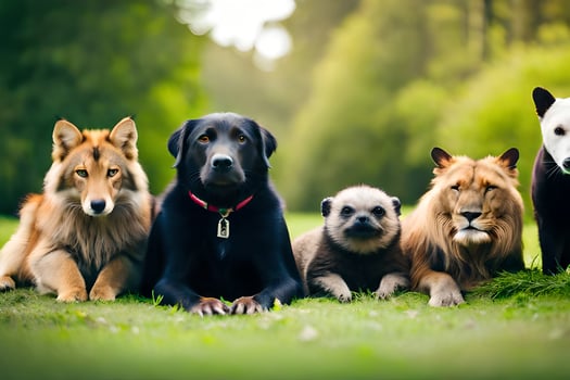 a group of dogs and cats sitting on the grass. AI-Generated photo