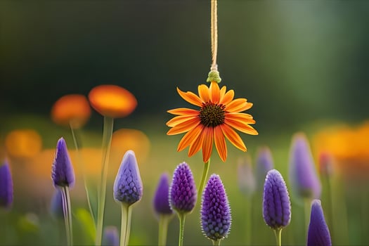 a single orange flower is hanging from a string. AI-Generated photo
