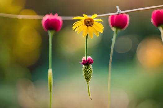 three red flowers hanging from a wire. AI-Generated photo