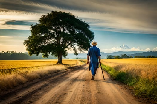 a man walking down a dirt road with a cane. AI-Generated photo