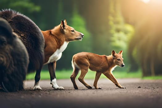 a dog and a baby deer walking on a road. AI-Generated photo