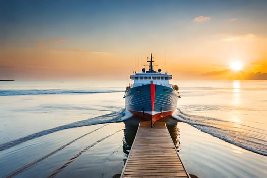 a boat is docked at the end of a pier at sunset. AI-Generated photo