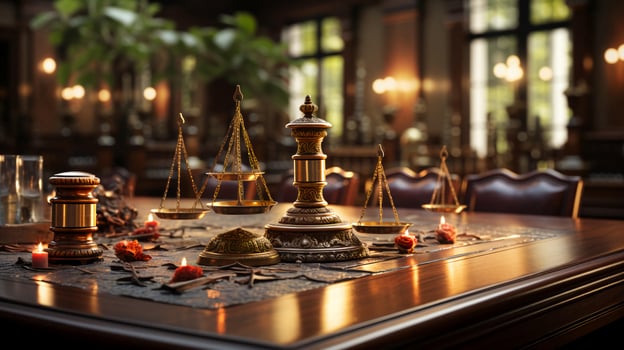 Golden scales of justice in the courthouse, concept of legislature, judiciary and justice photo