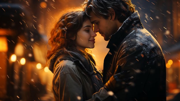 Two lovers beautiful couple man and woman hugging and kissing on a romantic evening in the rain photo