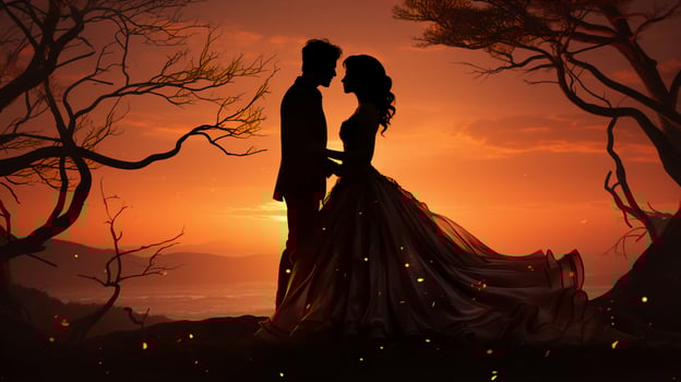 Silhouette of a couple of newlyweds in love at sunset against the background of a river, the concept of wedding and love photo