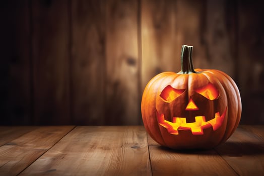 Halloween pumpkin head jack lantern on wooden background. 3d render.AIGenerative. photo