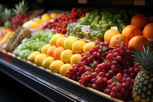 rows of fruits on shelves, supermarket concept AI generated photo