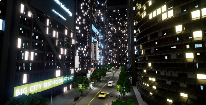 Urban business district with offices, modern city metropolis with vehicles on capital streets. Night lights on tall buildings, modern skyscrapers architecture. 3d render animation. photo