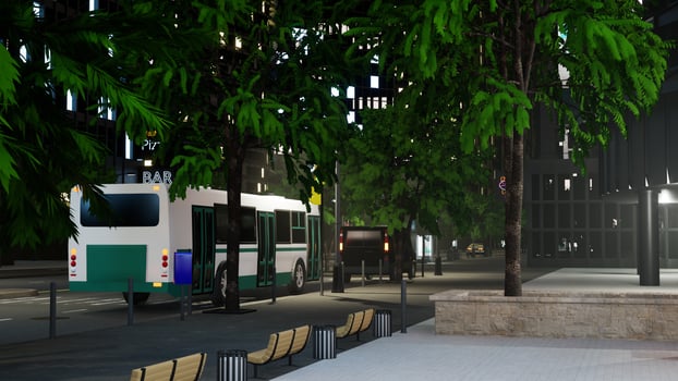 Business district with office buildings and cars driving on street, urban metropolis with skyscrapers and lights. Town structure and architecture, modern landscape. 3d render animation. photo