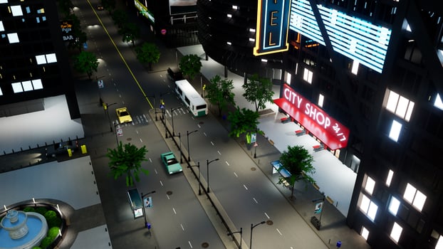 Downtown with office buildings and vehicles in urban district, tall skyscrapers with city lights at night. Metropolis with vehicles driving on street, architecture. 3d render animation. photo