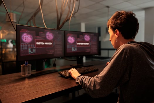 Female hacker cracking password and breaking server encryption, getting access to computer system and stealing data. Spy hacking security firewall and planting virus, phishing concept. photo