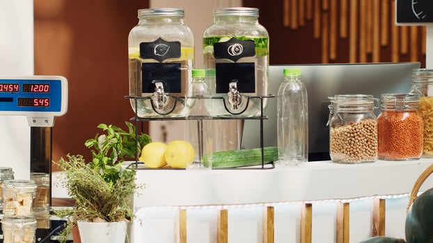 Zero waste supermarket with ethically sourced chemicals free fruits, vegetables, grains, spices and pasta on display. Empty eco friendly local grocery store with low carbon dioxide emissions, close up photo