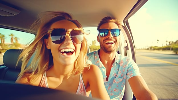 transport, road trip, technology and people concept - smiling couple driving in car, travel concept. Generative A photo