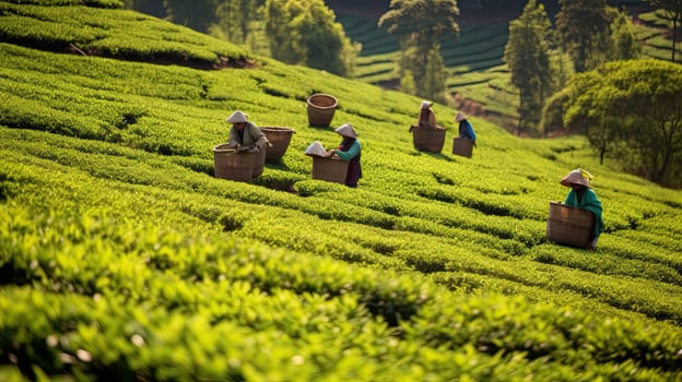 tea picking at the tea plantation at the town of Mae Salong north of the city Chiang Rai in North Thailand. Generative AI photo
