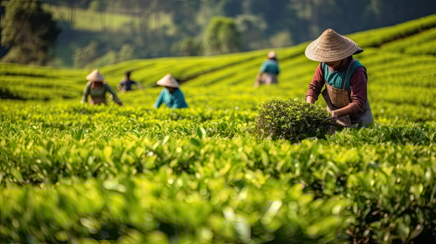 tea picking at the tea plantation at the town of Mae Salong north of the city Chiang Rai in North Thailand. Generative AI photo