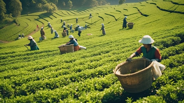 tea picking at the tea plantation at the town of Mae Salong north of the city Chiang Rai in North Thailand. Generative AI photo