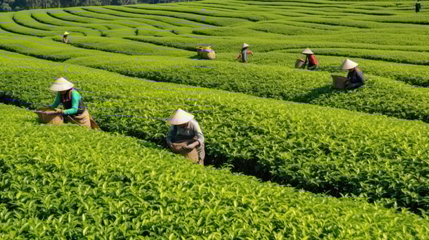 tea picking at the tea plantation at the town of Mae Salong north of the city Chiang Rai in North Thailand. Generative AI photo