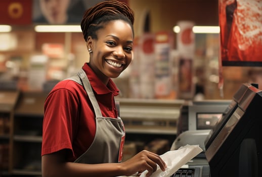 Portrait of a young african american cashier smiling at the camera in a coffee shop AI Generated photo
