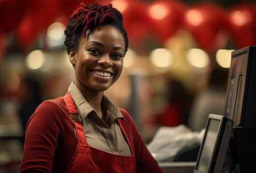 Portrait of a young african american cashier smiling at the camera in a coffee shop AI Generated photo