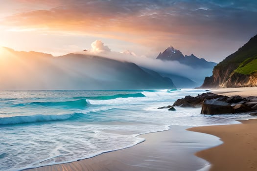 a beautiful beach with waves and mountains at sunset. AI-Generated photo