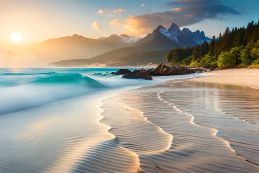 beautiful sunset on the beach with waves and mountains. AI-Generated photo