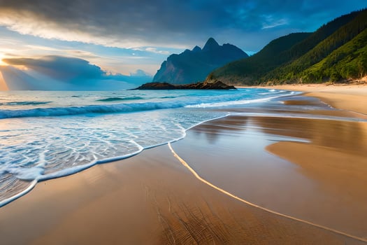 a beautiful beach with waves and mountains at sunset. AI-Generated photo