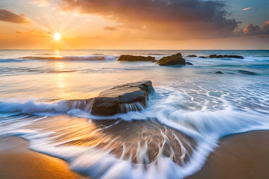 a beautiful sunset over the ocean with waves crashing on the beach. AI-Generated photo
