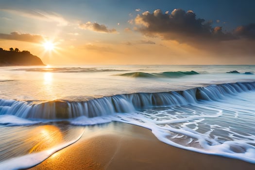 a beautiful sunset over the ocean with waves crashing into the shore. AI-Generated photo