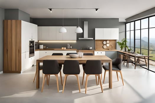 modern kitchen with wooden table and chairs. AI-Generated photo