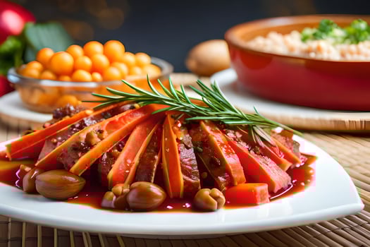 a plate of meat and vegetables with sauce on it. AI-Generated photo