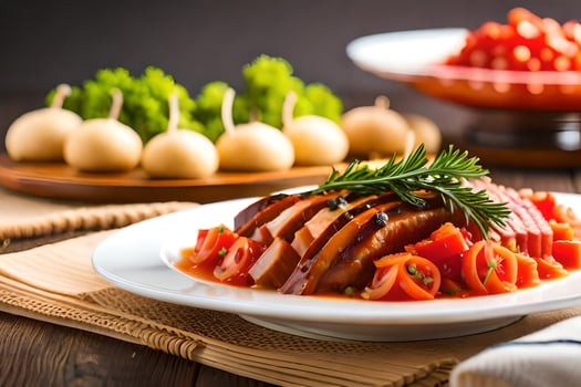 a plate of meat and vegetables with a side dish. AI-Generated photo