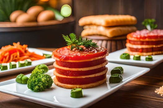 three plates with food on them and a plate with vegetables. AI-Generated photo