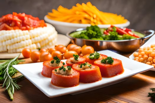 a table with various foods including vegetables, meat and cheese. AI-Generated photo
