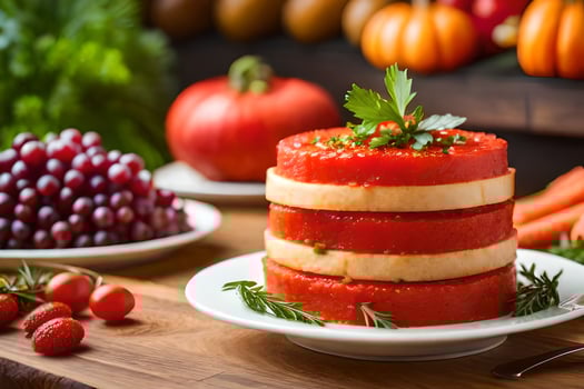 a stack of three layers of tomato slices on a plate. AI-Generated photo