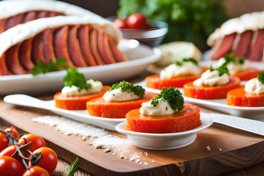 a table with appetizers and meat. AI-Generated photo