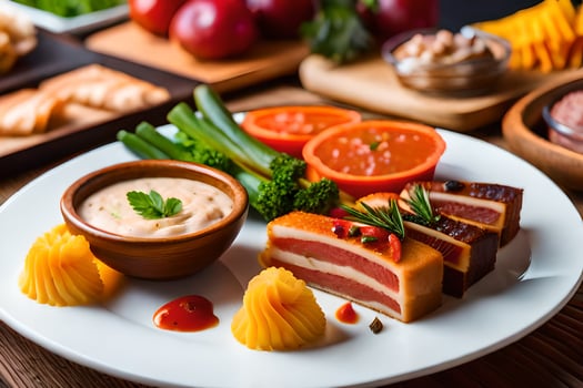 a plate with meat, vegetables and dip. AI-Generated photo