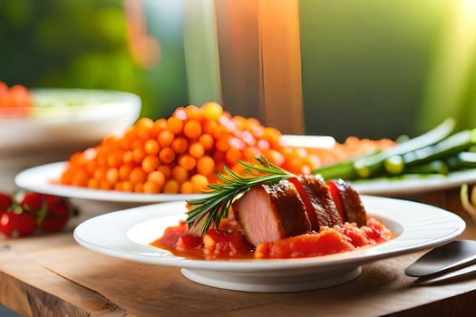 a table with food and plates of vegetables. AI-Generated photo