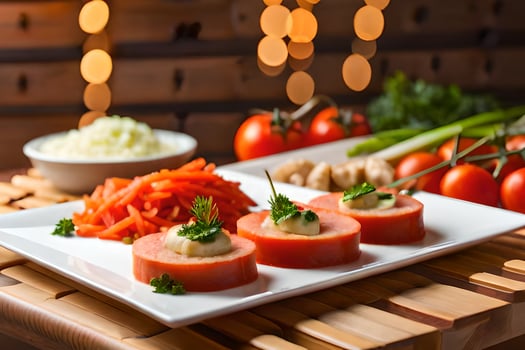 a plate with meat, vegetables and a bowl of sauce. AI-Generated photo
