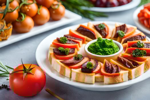 a platter of food with tomatoes, cheese and other vegetables. AI-Generated photo