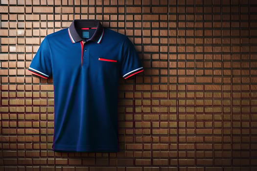 blue polo shirt on a brick wall. AI-Generated photo